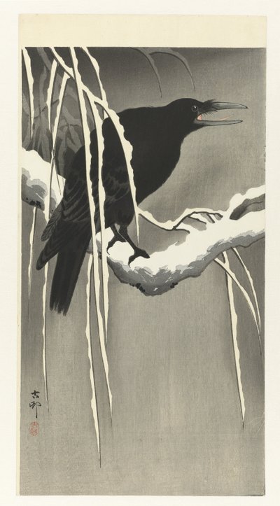 Cuervo en rama nevada de Ohara Koson