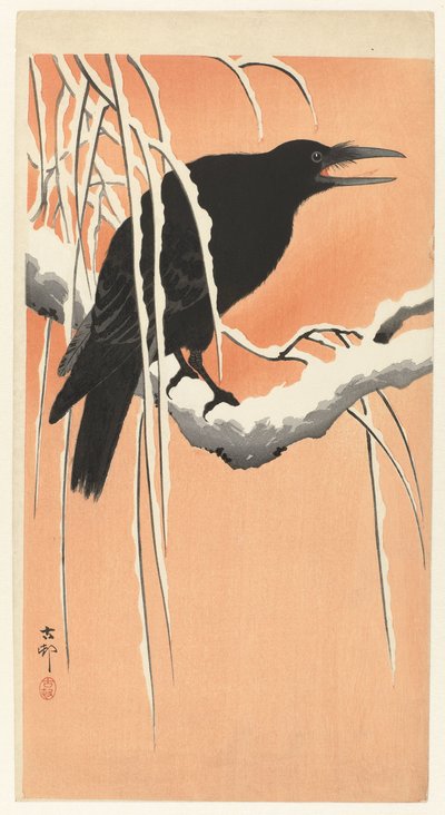Cuervo en rama nevada de Ohara Koson