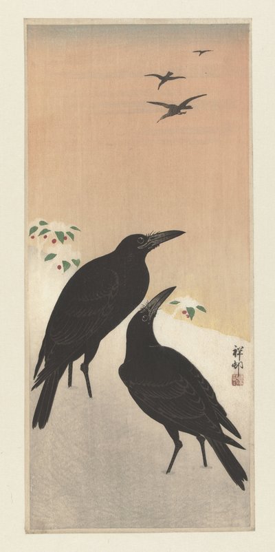 cuervos en la nieve de Ohara Koson