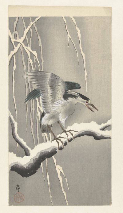 Quack en rama nevada de Ohara Koson