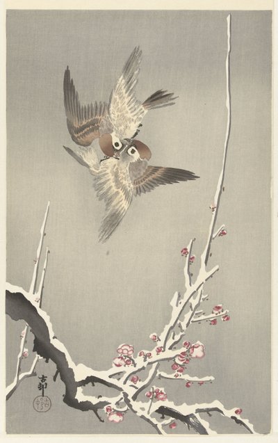 Gorriones y ciruelo nevado de Ohara Koson