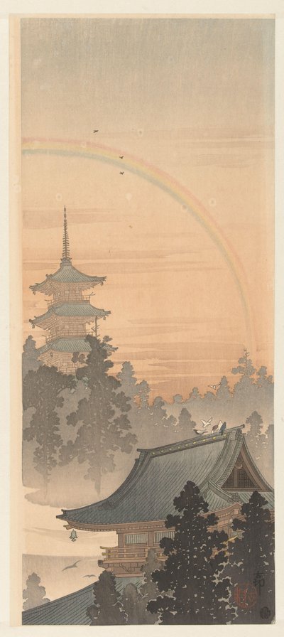 pagoda y arcoiris de Ohara Koson
