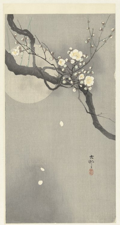 Flor de ciruelo y luna llena de Ohara Koson