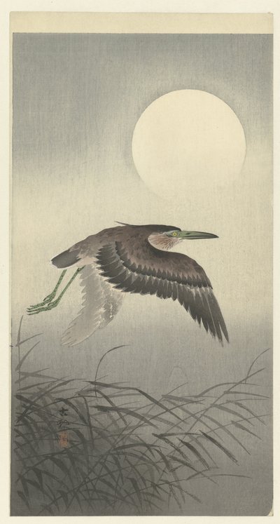 Garza en luna llena de Ohara Koson
