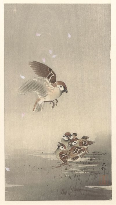Gorrión anular con niño de Ohara Koson