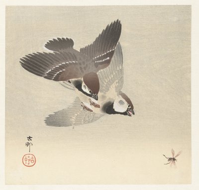 Gorriones anulares e insectos de Ohara Koson