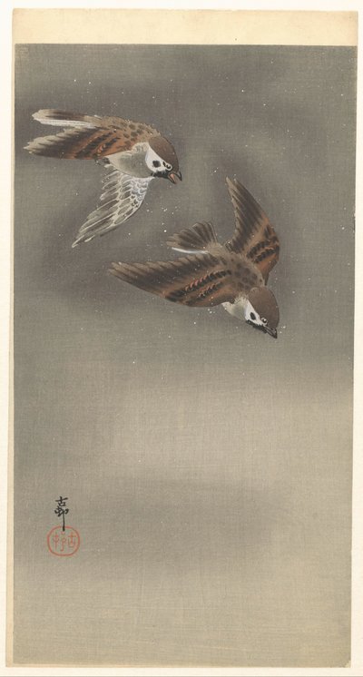 Gorriones anulares en la nieve de Ohara Koson