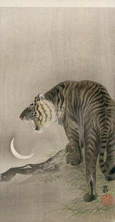 Tigre rugiendo y luna creciente de Ohara Koson