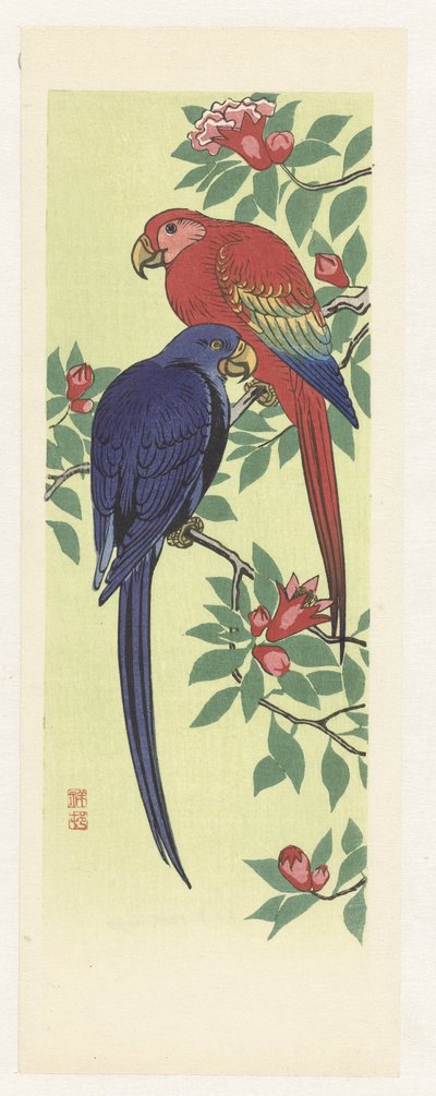 Rojo y un loro azul de Ohara Koson