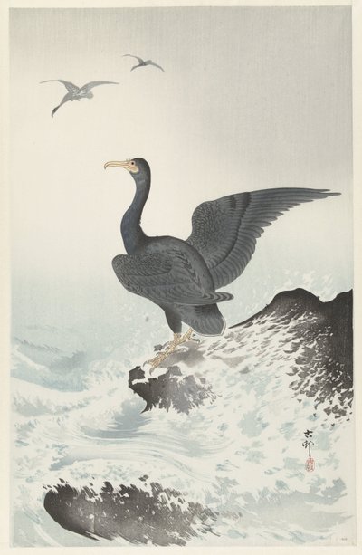Cormorán enmascarado rojo sobre roca de Ohara Koson