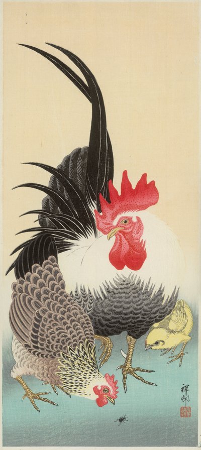 Gallo, gallina y pollito con hormiga de Ohara Koson