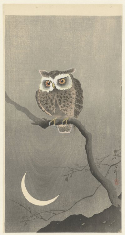 Autillo en una rama con luna creciente de Ohara Koson