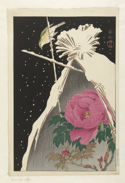Charla azul siberiana junto a una peonía protegida por una gavilla de heno cubierta de nieve de Ohara Koson