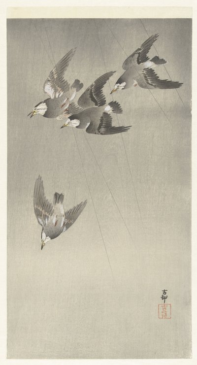 Estornino bajo la lluvia de Ohara Koson