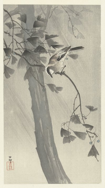 Carbonero de cola larga en tormenta de Ohara Koson