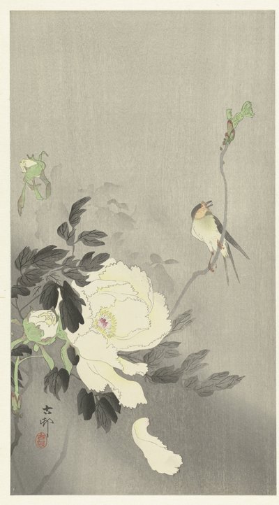 Golondrina con peonía de Ohara Koson
