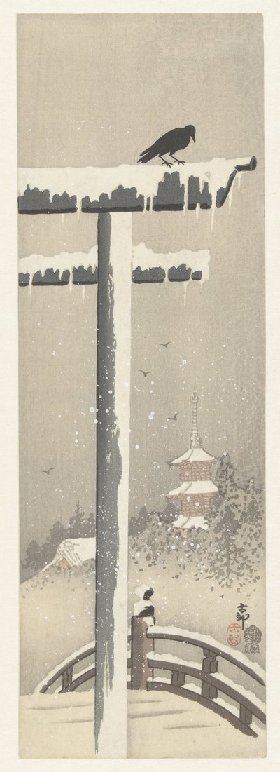 Torii en la nieve de Ohara Koson