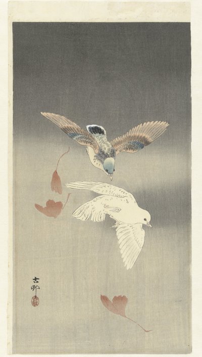 Dos palomas con hojas de ginkgo cayendo de Ohara Koson
