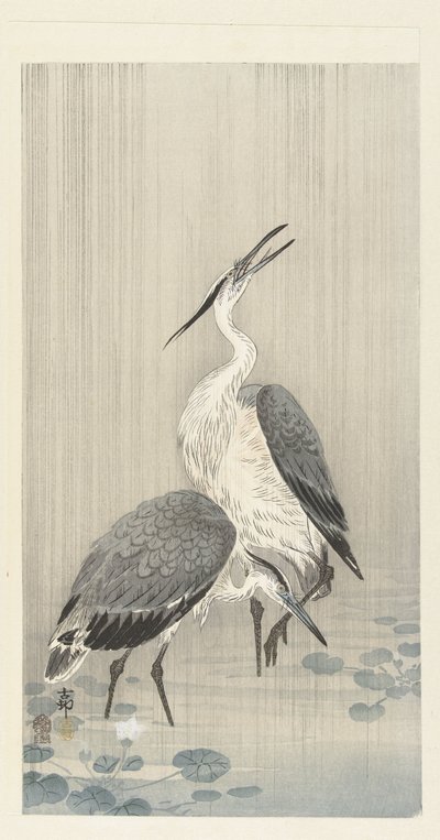 Dos garzas bajo la lluvia de Ohara Koson