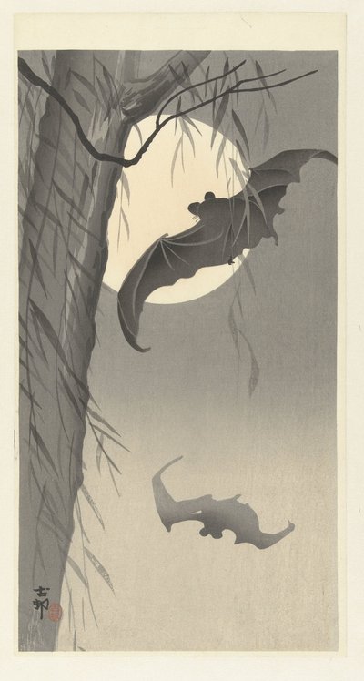 Dos murciélagos en luna llena de Ohara Koson