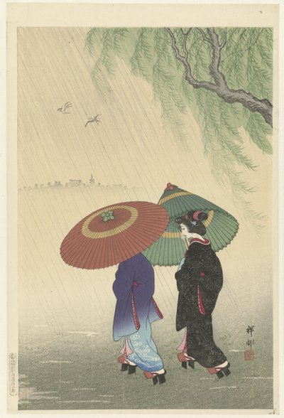 Dos mujeres bajo la lluvia de Ohara Koson