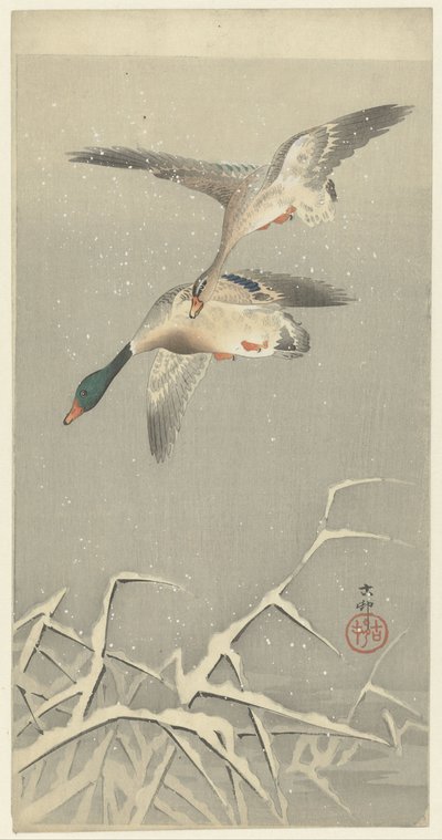Dos patos salvajes en vuelo de Ohara Koson