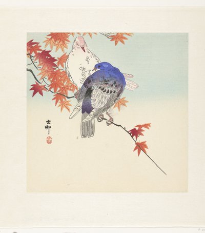 Dos palomas en una rama con hojas de otoño de Ohara Koson
