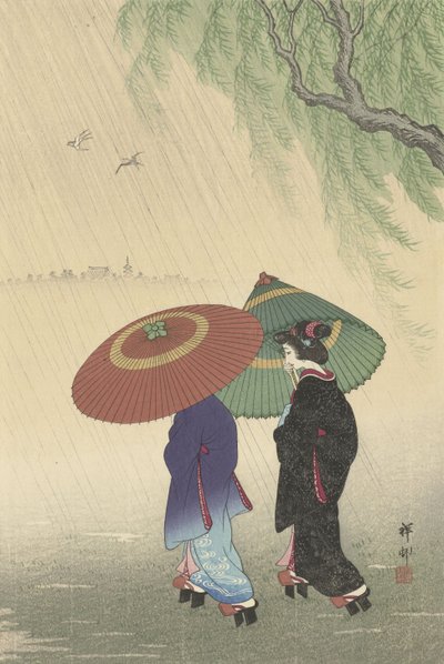 Dos mujeres bajo la lluvia de Ohara Koson