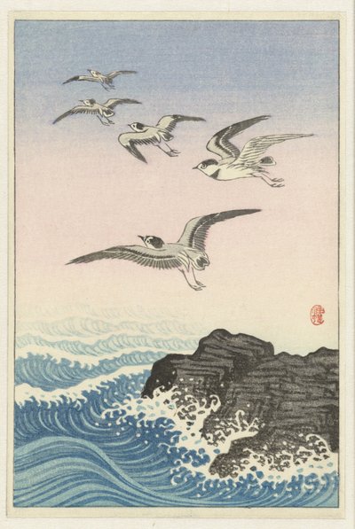 Cinco gaviotas sobre una roca en el mar de Ohara Koson