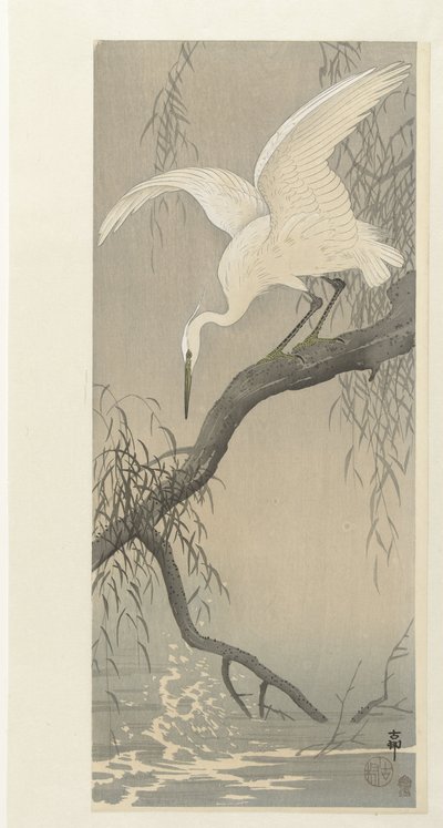 garza blanca en la rama de un árbol de Ohara Koson