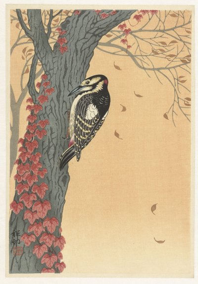 Pájaro carpintero en un árbol con hiedra roja de Ohara Koson