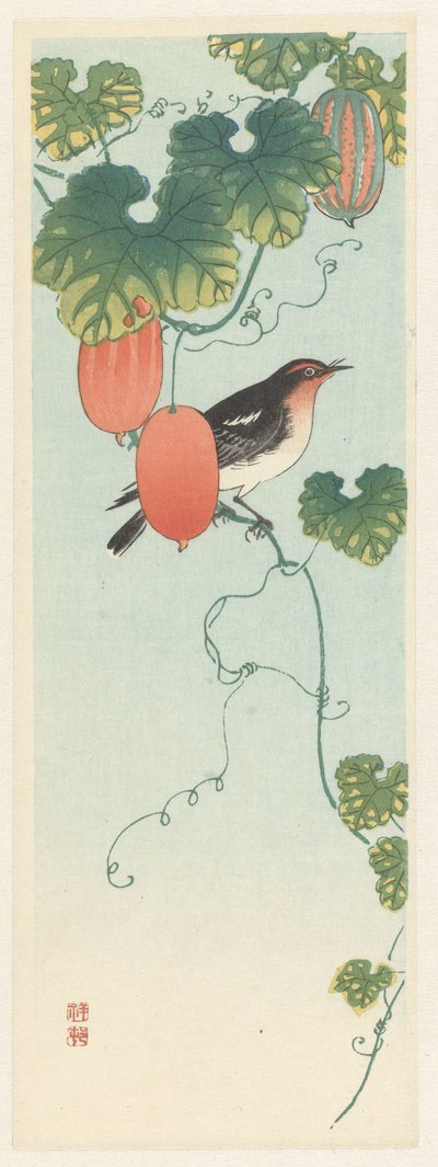 Pájaro cantor en una planta de pepino de Ohara Koson