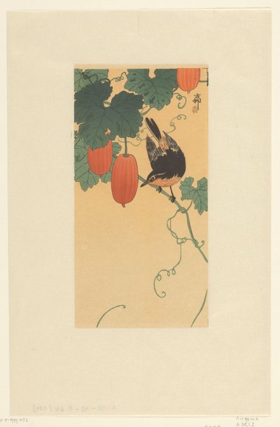 Pájaro cantor en planta con frutos rojos de Ohara Koson