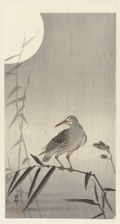 Jinete negro en rama de bambú de Ohara Koson