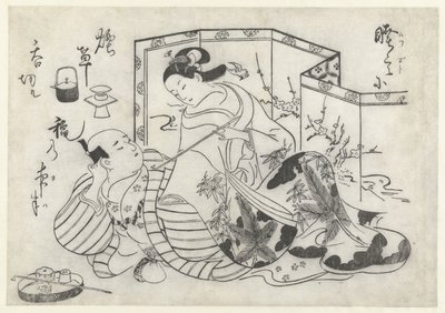 Hombre y mujer japoneses fumando frente a un biombo de Okumura Masanobu (attributed to)