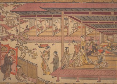 Un hombre de pie fuera de la puerta de una casa grande de Okumura Masanobu