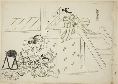 Una mujer Nomori (Onna Nomori), nº 11 de una serie de 12 grabados que representan parodias de obras de teatro de Okumura Masanobu