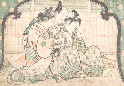 Un joven sentado entre dos mujeres de Okumura Masanobu