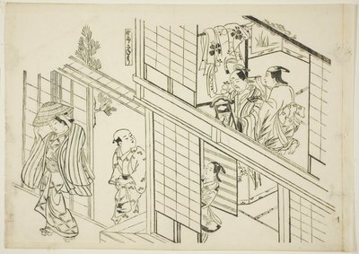 Un Joven Sanemori (Yaro Sanemori), no. 10 de una serie de 12 grabados que representan parodias de obras de teatro de Okumura Masanobu