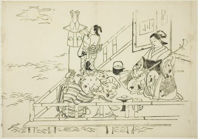 Cortesana entreteniendo a Daikoku y Fukurokuju, no. 10 de una serie de 12 impresiones de Okumura Masanobu