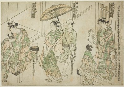 Cortesanas dibujadas en estilo de Osaka (derecha), estilo de Kioto (centro) y estilo de Edo (izquierda), de "Cortesanas de las tres capitales: Un conjunto de tres (Sanga no tsu keisei sanpukutsui)" de Okumura Masanobu