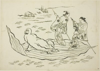 Daruma cruzando el mar en una hoja, no. 7 de una serie de 12 impresiones de Okumura Masanobu