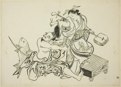 Ebisu coqueteando con una cortesana, no. 3 de una serie de 12 impresiones de Okumura Masanobu