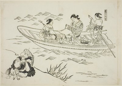 Eguchi y el barco de pesca del amor (Koi no tsuribune Eguchi), no. 4 de una serie de 12 grabados que representan parodias de obras de teatro de Okumura Masanobu