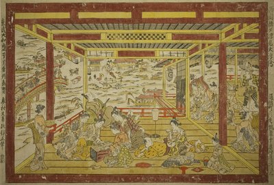 Disfrutando del Frescor de la Tarde cerca del Puente Ryogoku de Okumura Masanobu