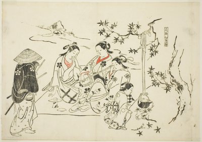 Calentando sake con hojas de arce (Kanzake momijigari), nº 9 de una serie de 12 grabados que representan parodias de obras de teatro. de Okumura Masanobu