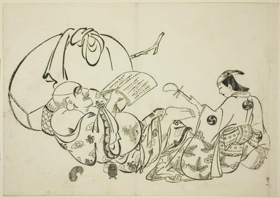 Hotei leyendo un libro, no. 11 de una serie de 12 impresiones de Okumura Masanobu