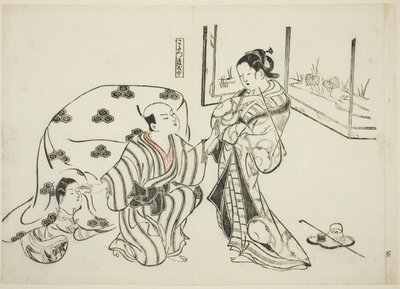 Kotatsu Dojoji, no. 5 de una serie de 12 impresiones que representan parodias de obras de Okumura Masanobu