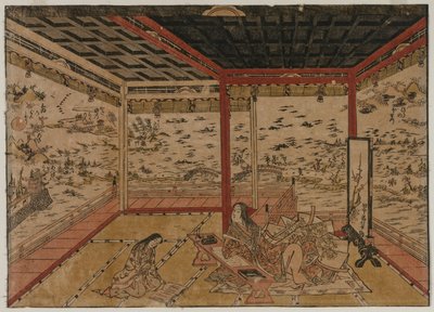 Dama Murasaki en Ishiyama con vista a un panorama con ocho vistas del lago Biwa de Okumura Masanobu