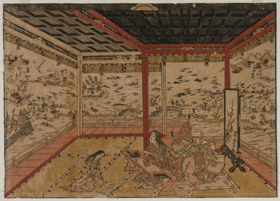 Lady Murasaki en Ishiyama contemplando un panorama con siete vistas del lago Biwa, 1740s de Okumura Masanobu